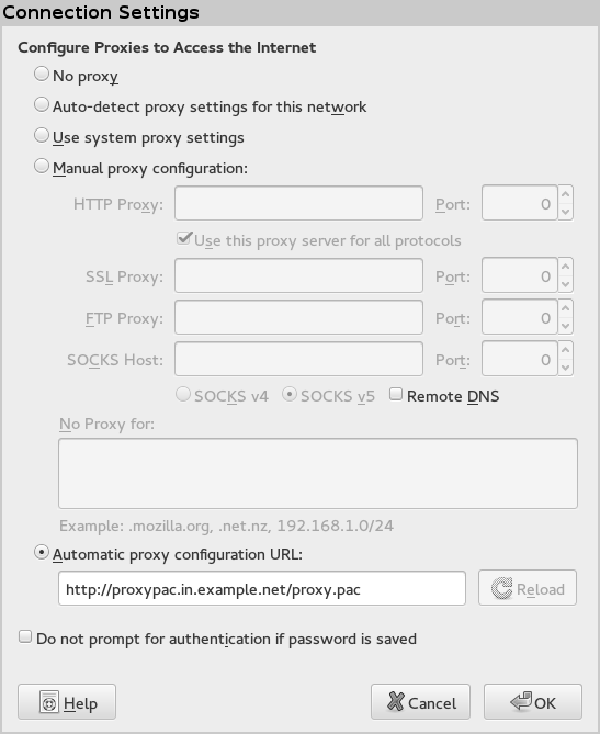 Configuration-dialog for "proxies" and "proxy.pac" of the Firefox web browser